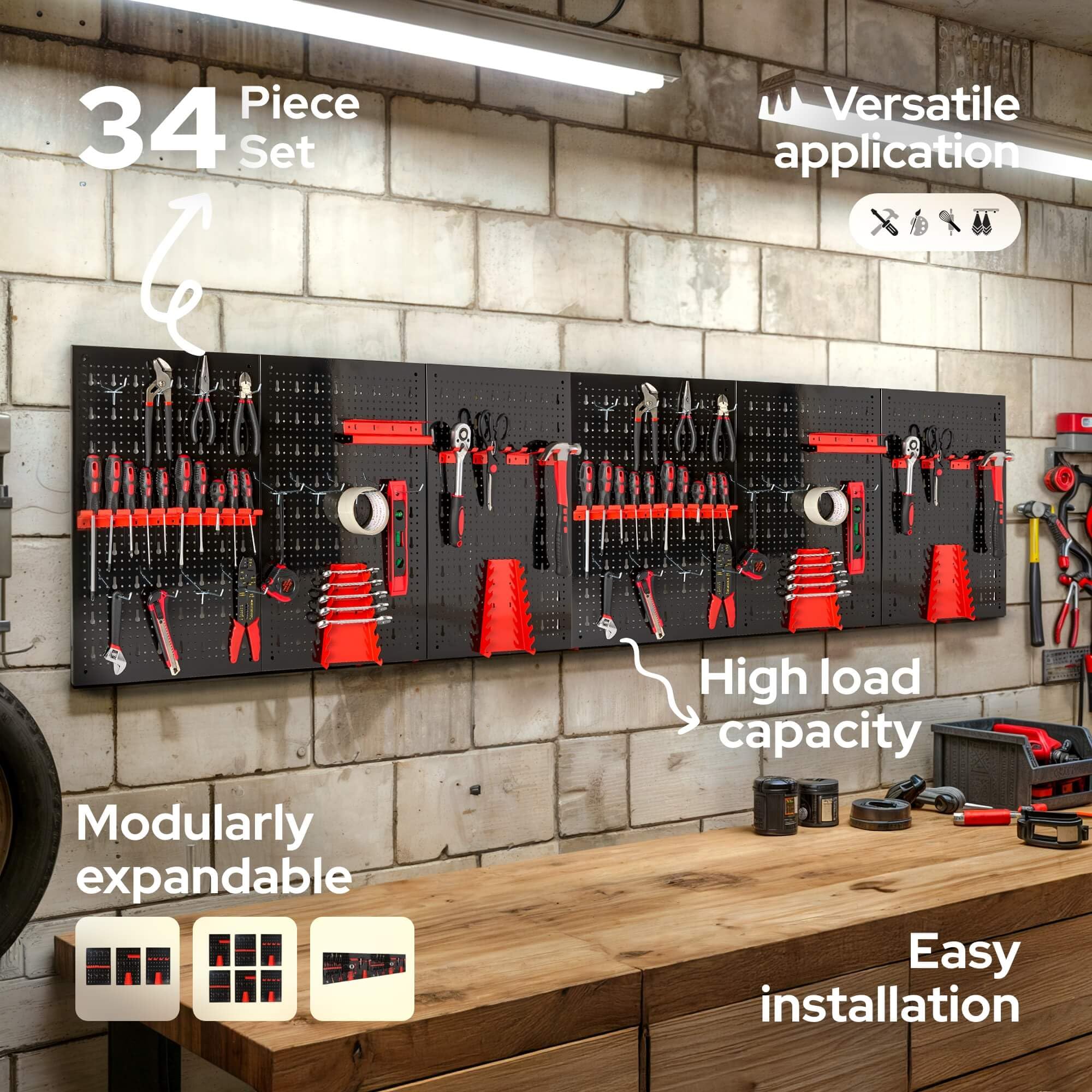 Arebos Panel Portaherramientas de Pared 6 Piezas | Kit con 34 Ganchos | 235,2x59,5 cm | Panel Perforado Metálico para Taller | Soportes para Herramientas | Incluye Material de Montaje | Rojo