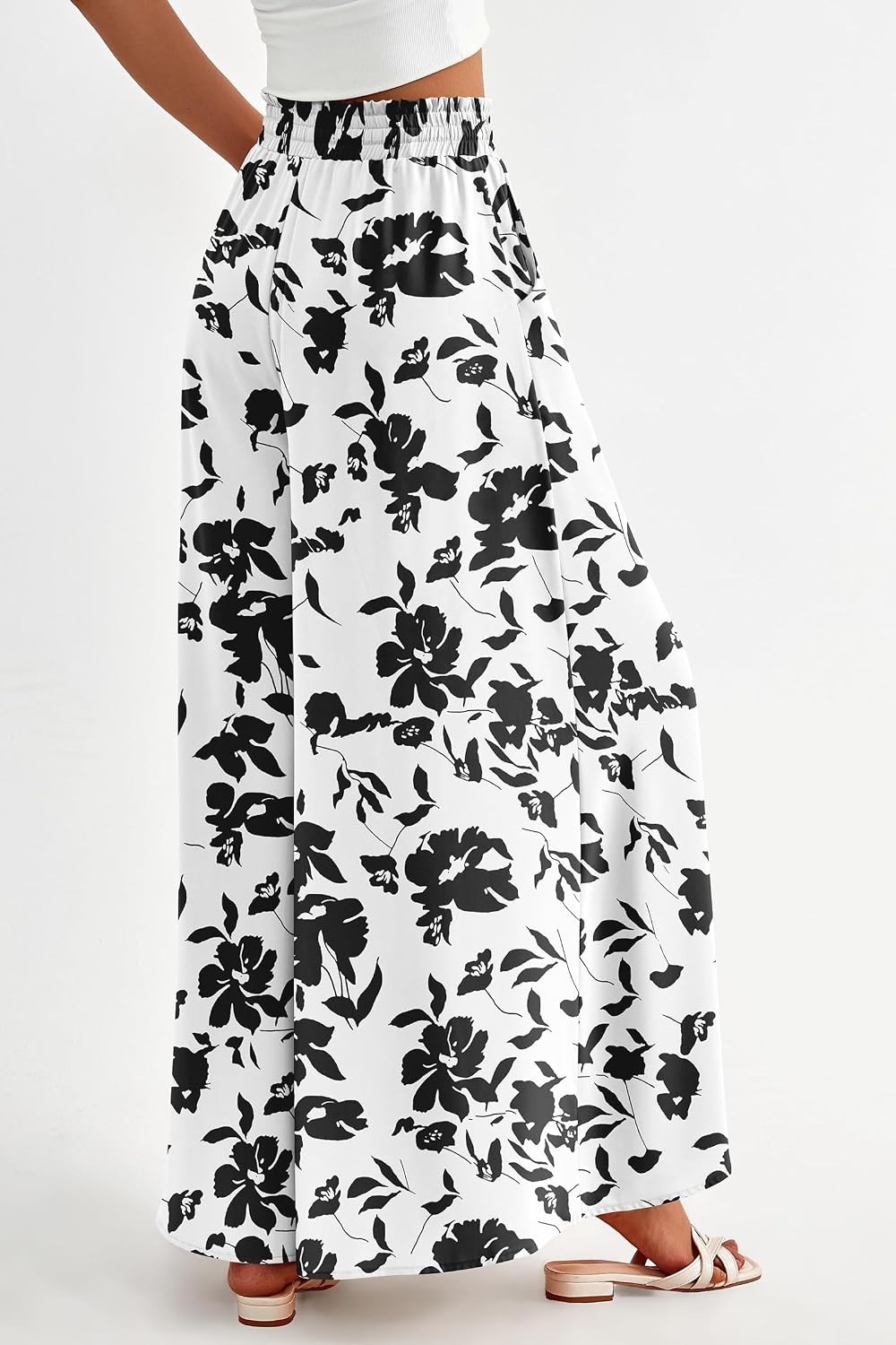 Pants for Women Floral Solid Long Palazzo Pants Casual Elastic Waist Wide Leg Pants Summer Lounge Beach Trousers