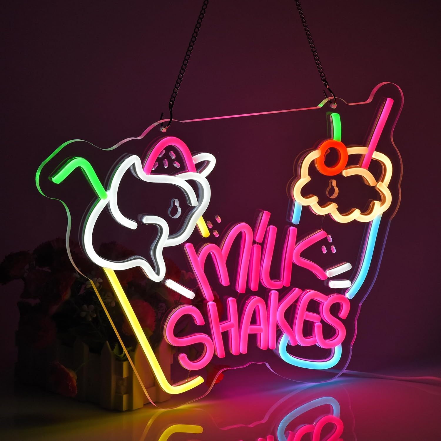 Milk Shakes Neon Sign, Neon Lights Hanging Wall Art Decoration for Food Drink Ice Cream Shop Frozen Yogurt Bar Bubble Tea Store, USB Powered Ultra Bright Dimmable,16 * 11.8inches