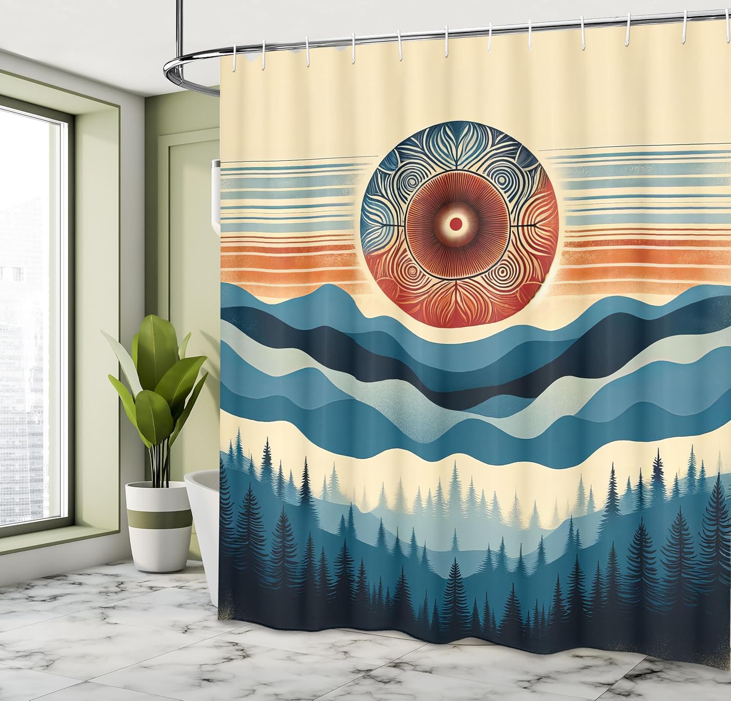 Ambesonne Boho Shower Curtain, Mid Century Wilderness with Ombre Mountain Scenery Woods and Floral Sun, Cloth Fabric Bathroom Decor Set with Hooks, 69" W x 84" L, Cream Sea Blue Dark Grey