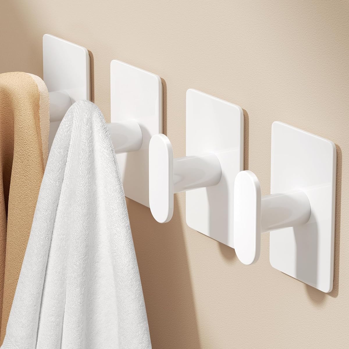 Adhesive Towel Hooks: 20LB Extra Strong Wall Hanger, White 4 Pack