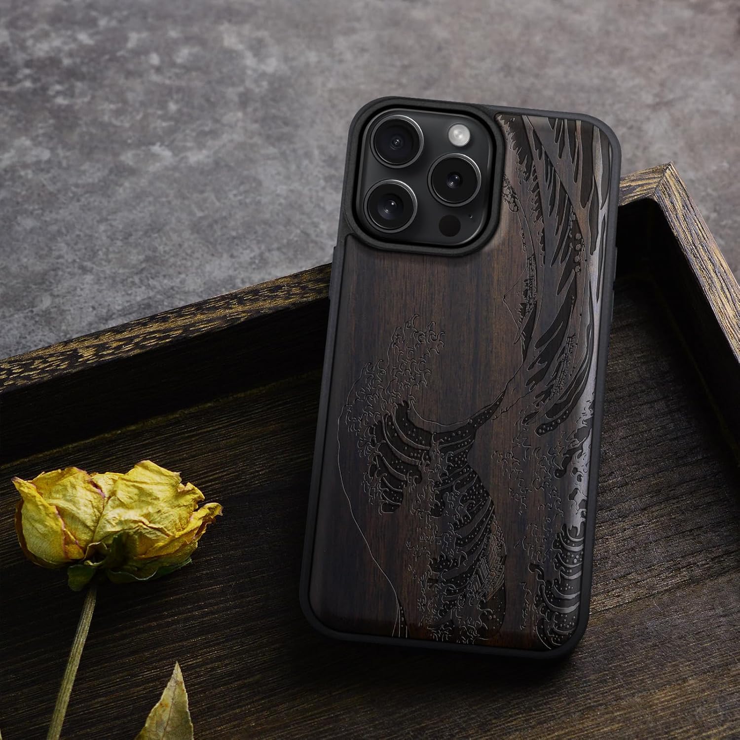 Carveit Magnetic Wooden Case for iPhone 16 Pro Case, Wood Artisan Engraved & Black Soft TPU Shockproof Cover, Compatible with MagSafe Wireless Chargers (The Great Wave Off Kanagawa) Blackwood