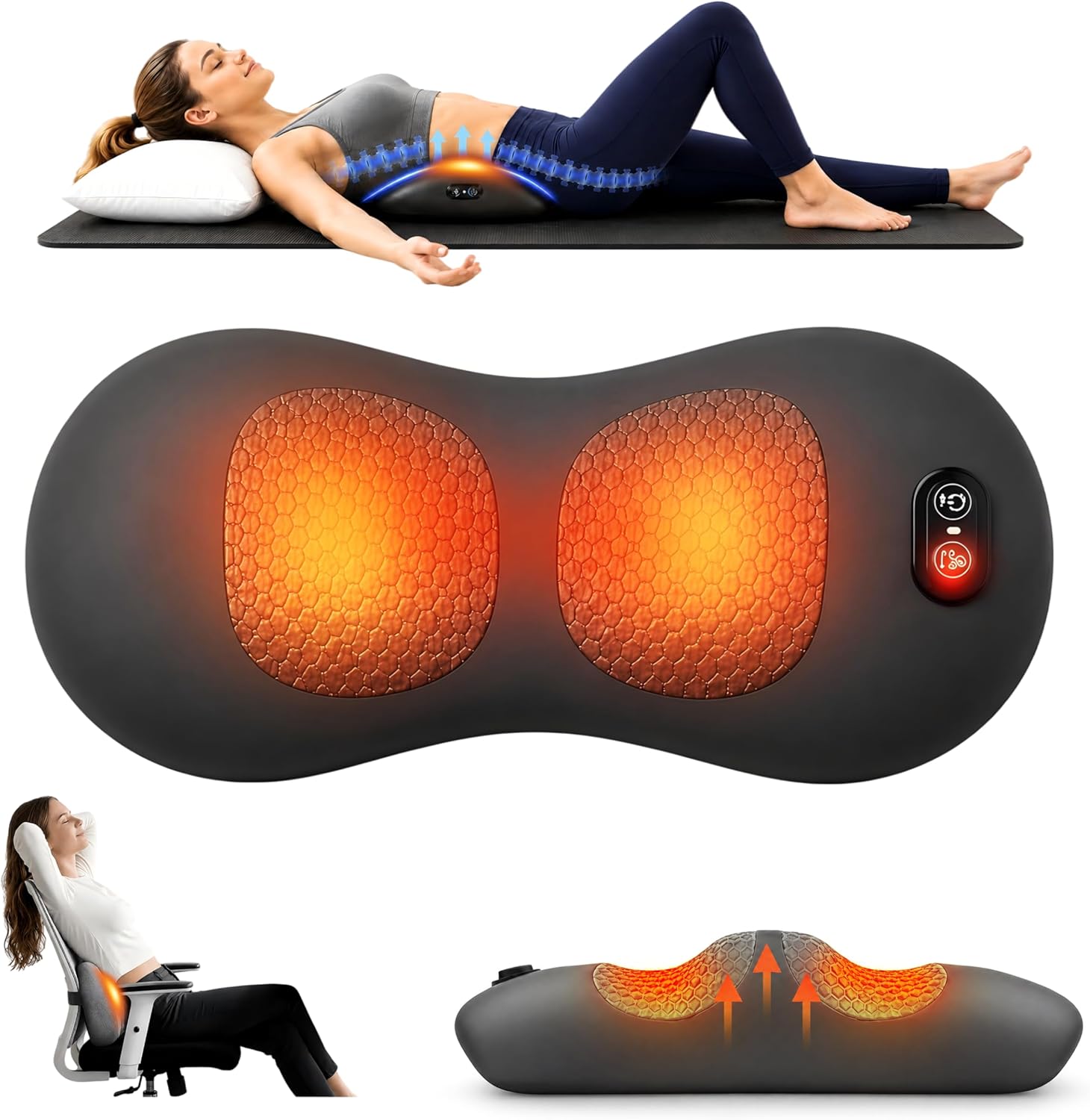 3-in-1 Electric Back Massager Pillow with Heat, Vibration & Traction, Ergonomic Lumbar Support Cushion with Memory Foam for Lower Back Comfort, Bed, Office Chair, Sofa & Car (Ash Gray)