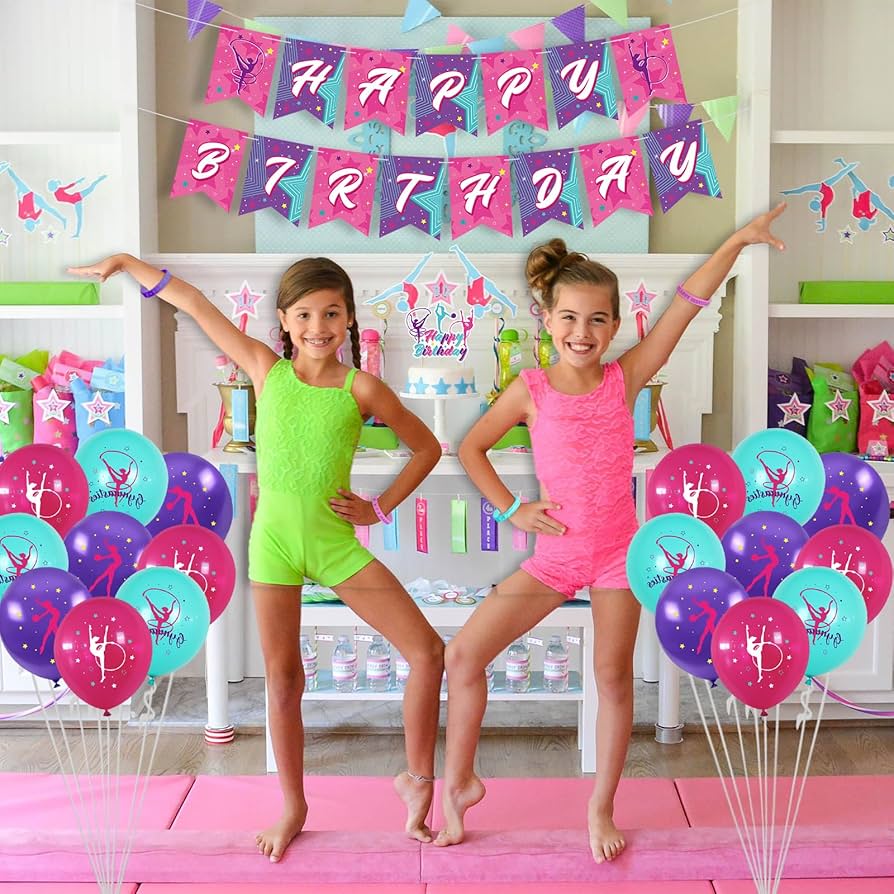 Gymnastik Geburtstag Banner – Turnerin Thema Deko Mit Glitzer In Lila, Rosa, Blau Für Mädchen-Partys
