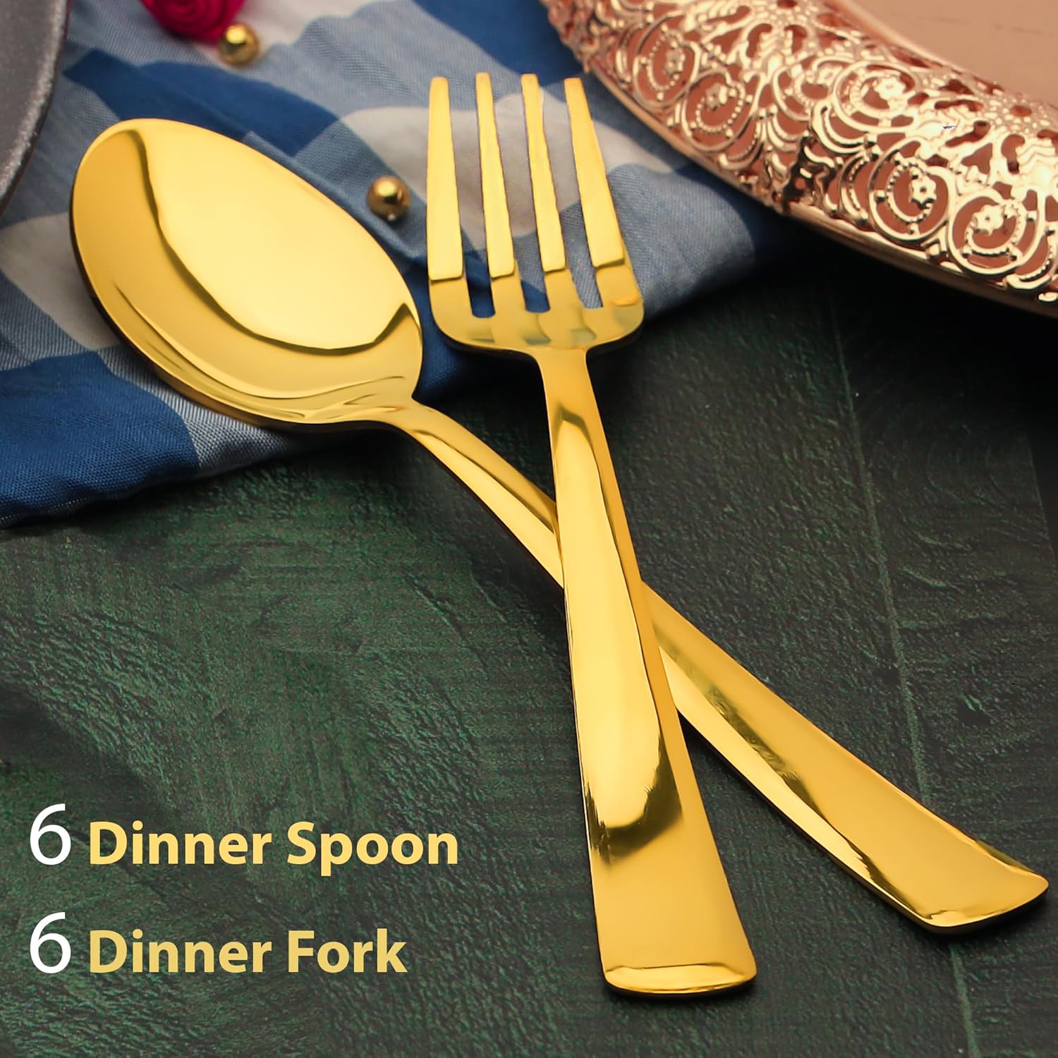 Stainless Steel Golden Cutlery Set of 12, 16 cm Each, Premium Cutlery Set for Home & Kitchen, PVD Gold Flatware, Elegant Dining (6 Dinner Spoons & 6 Dinner Forks)…