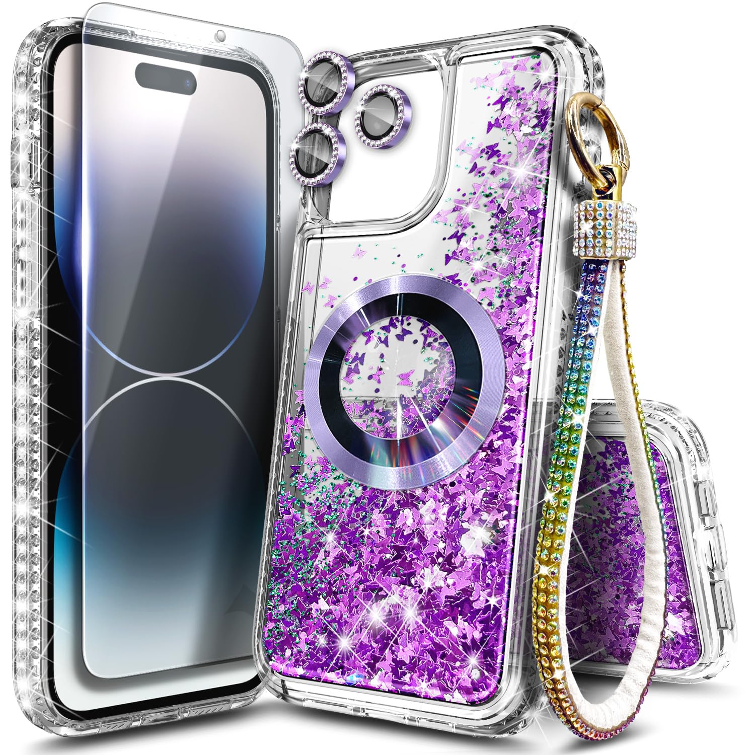 NGB Designed for iPhone 12 & 12 Pro Case, Purple | Magnetic Compatible with MagSafe | Glitter Liquid Sparkle Cute Cover for Women Girls | with Screen