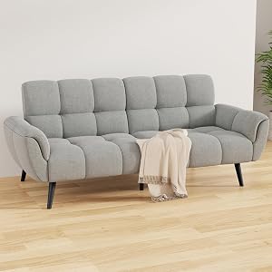 Convertible Futon Sofa Bed, Modern Linen Futon Couch, Comfy Sleeper Sofa with Adjustable Backrests, Couch Bed for Small Spaces, Living Room, Bedroom, Apartment, Gray