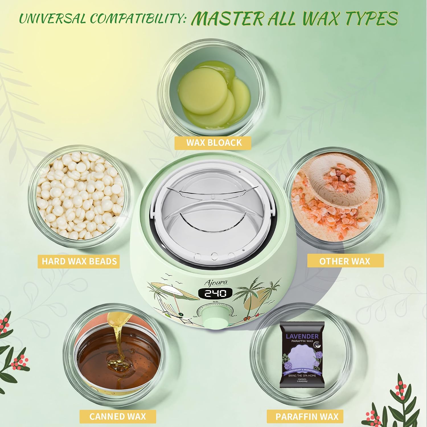Ajoura Digital Wax Warmer Kit - 10-Min Quick Heat Hair Removal System with Precision Temp Control, Includes 30 Wax Sticks for Women Men, Home Salon Use(Light Green)