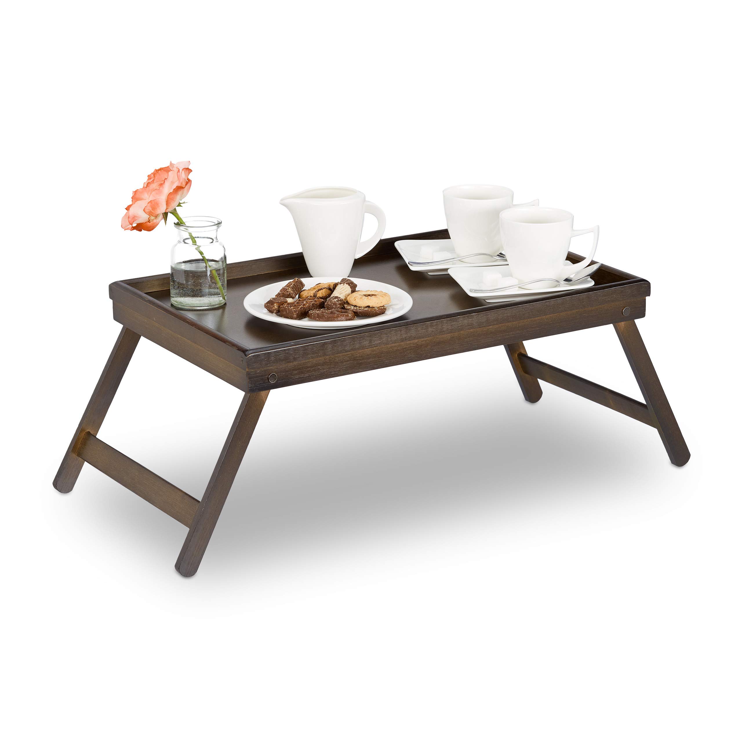 Relaxdays 2x Bamboo Bed Tray, Folding, Handles, Raised Edge, For Breakfast in Bed and Serving, HWD 22.5x64x31 cm, Brown