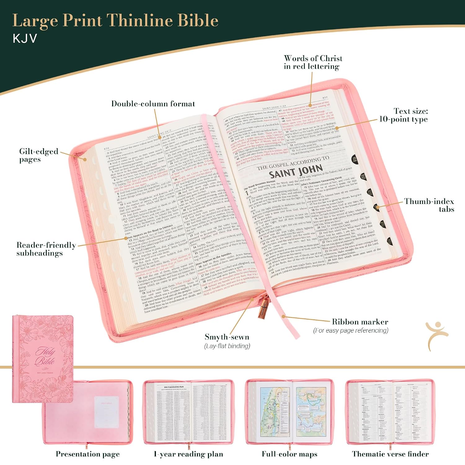 KJV Holy Bible, Thinline Large Print Faux Leather Red Letter Edition Thumb Index, Ribbon Marker, King James Version, Pink Debossed Floral Sunrise Pink, Zipper Closure (KJV Thinline LP Editions)
