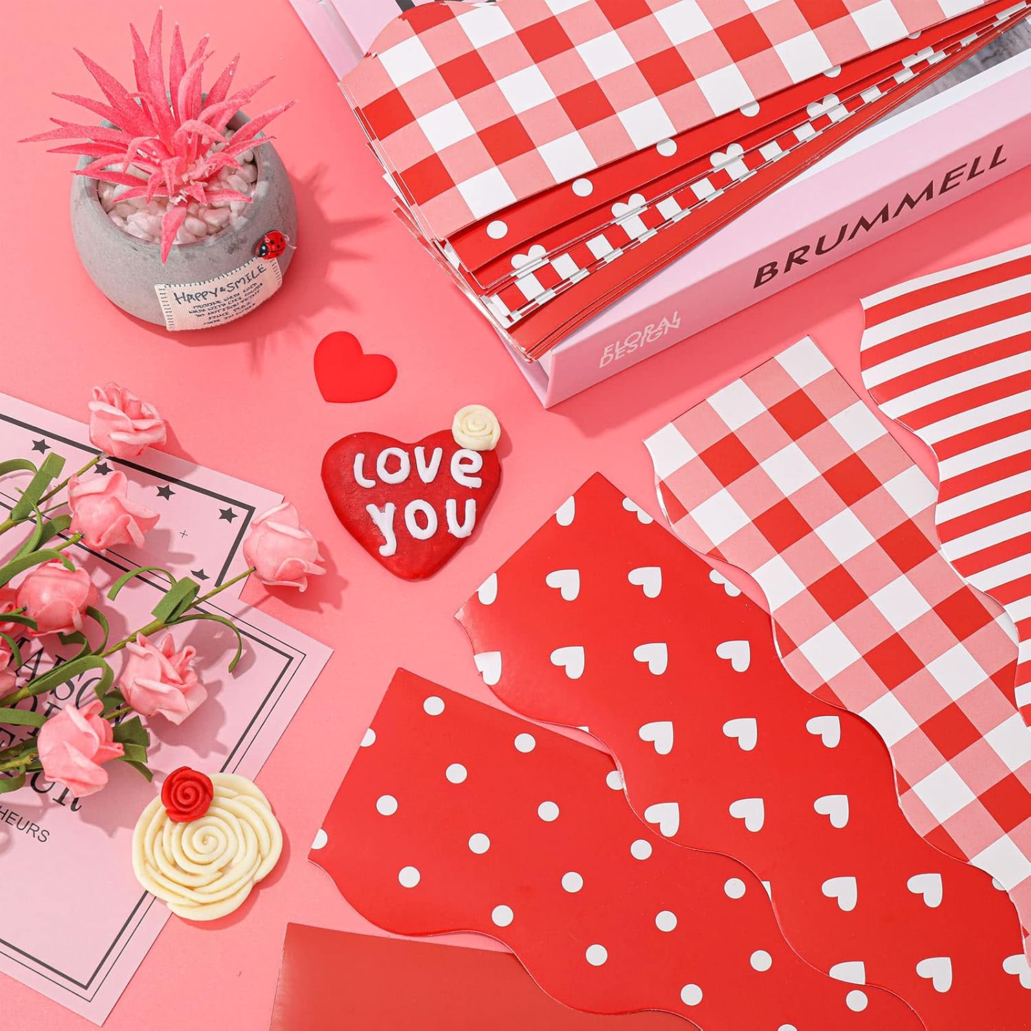 Whaline 69Ft Valentine's Day Bulletin Board Borders 5 Designs Red White Heart Plaid Spot Stripe Decoration Trim Scalloped Bulletin Board Stickers for Romantic School Classroom Office Party Decoration