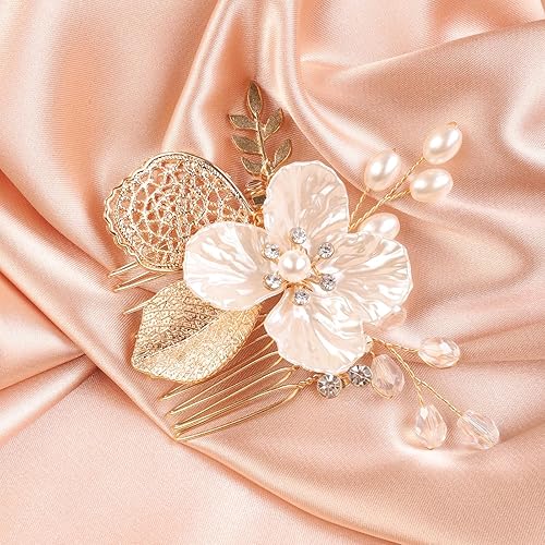 Miniatura 4 de Peine de pelo con diamantes de imitación de cristal de hoja de oro para novia, con perlas de diamantes de imitación, accesorios para el cabello de