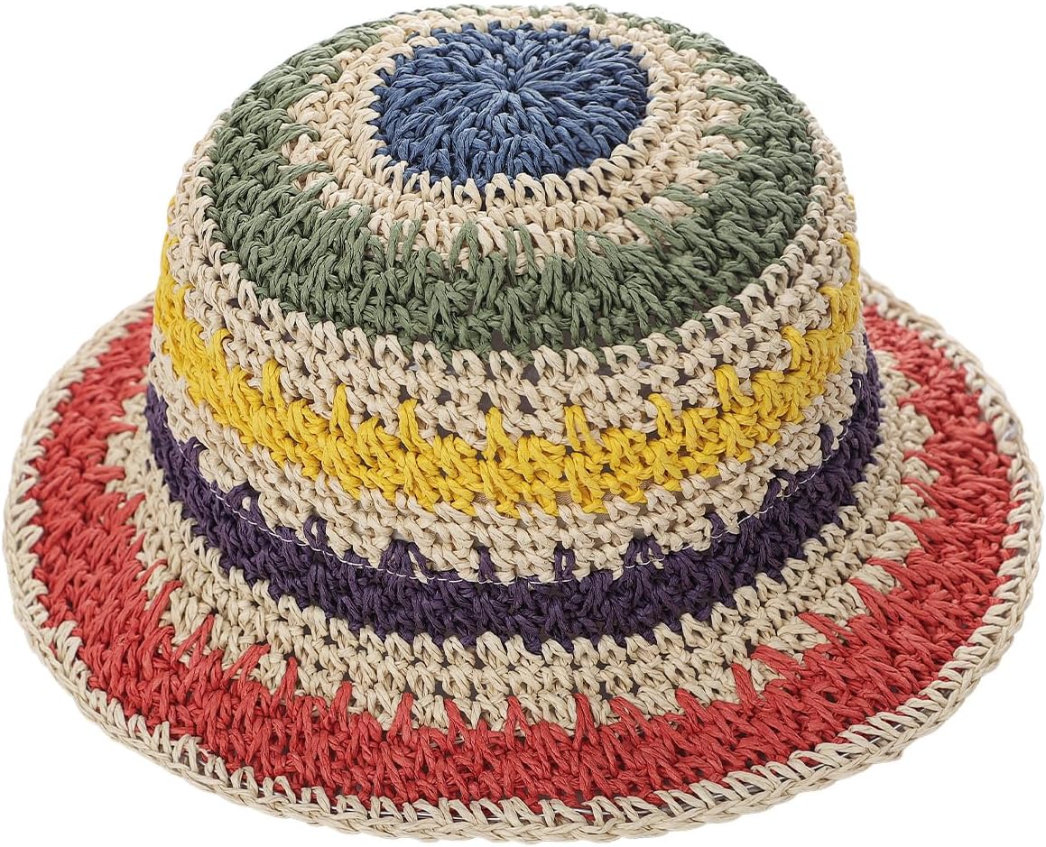 Kids Straw Bucket Hat Foldable Adjustable Boys Girls Sun Hats Rainbow Stripes Packable Lightweight Fisherman Caps