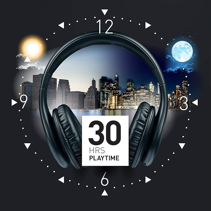 iJoy ISO Bluetooth 5.0 Wireless Over Ear Foldable Stereo Headphones Keep conversations going with 30 hours of talk time and 26 hours of playtime, with a quick 2.5-hour recharge time.