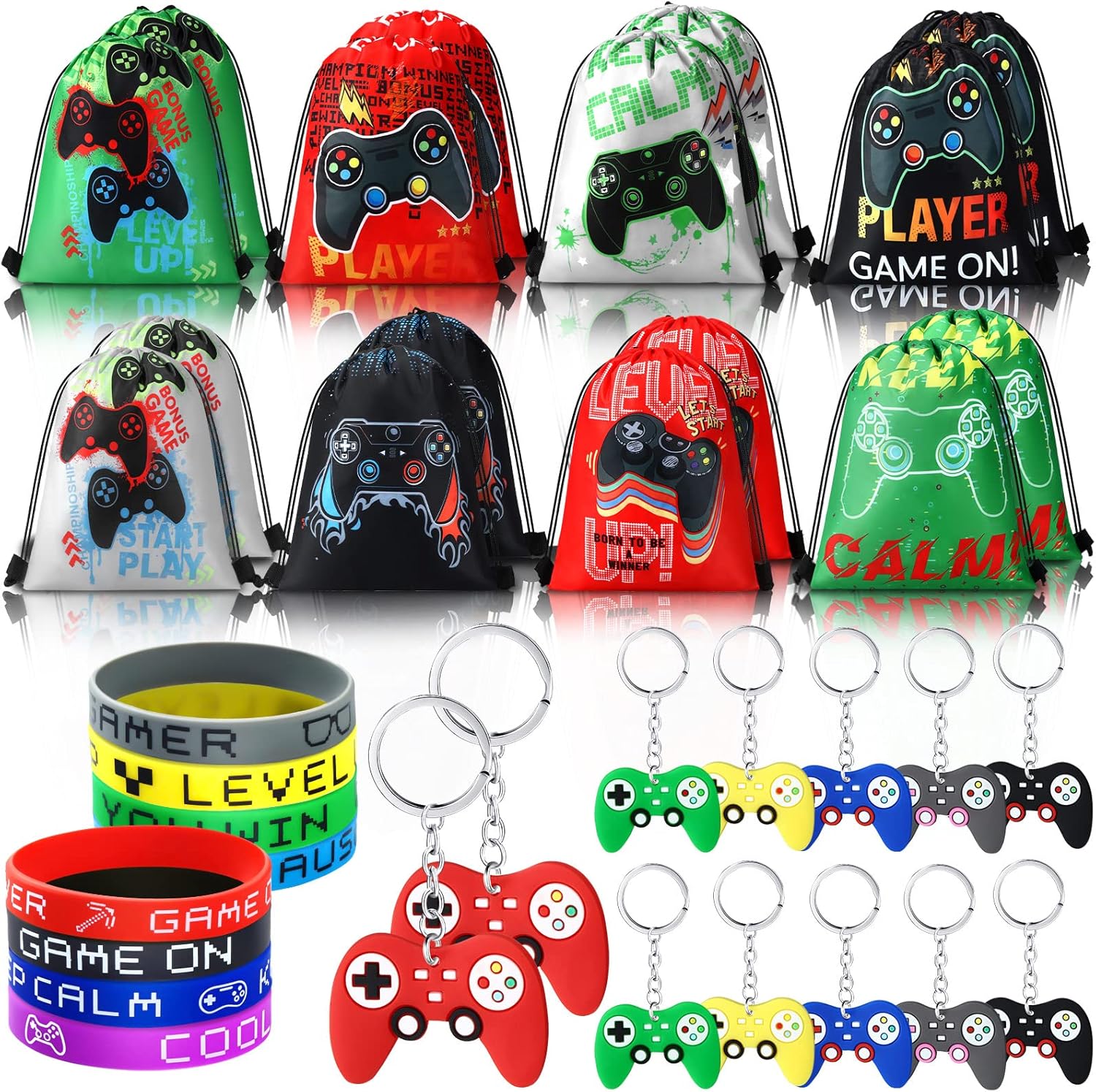 Hungdao 48 Pcs Video Game Party Favors 16 Gamer Party Drawstring Bags Gaming Goodie Bag 16 Wristbands 16 Keychains for Birthday