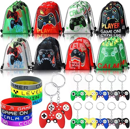 Hungdao 48 Pcs Video Game Party Favors 16 Gamer Party Drawstring Bags Gaming Goodie Bag 16 Wristbands 16 Keychains for Birthday
