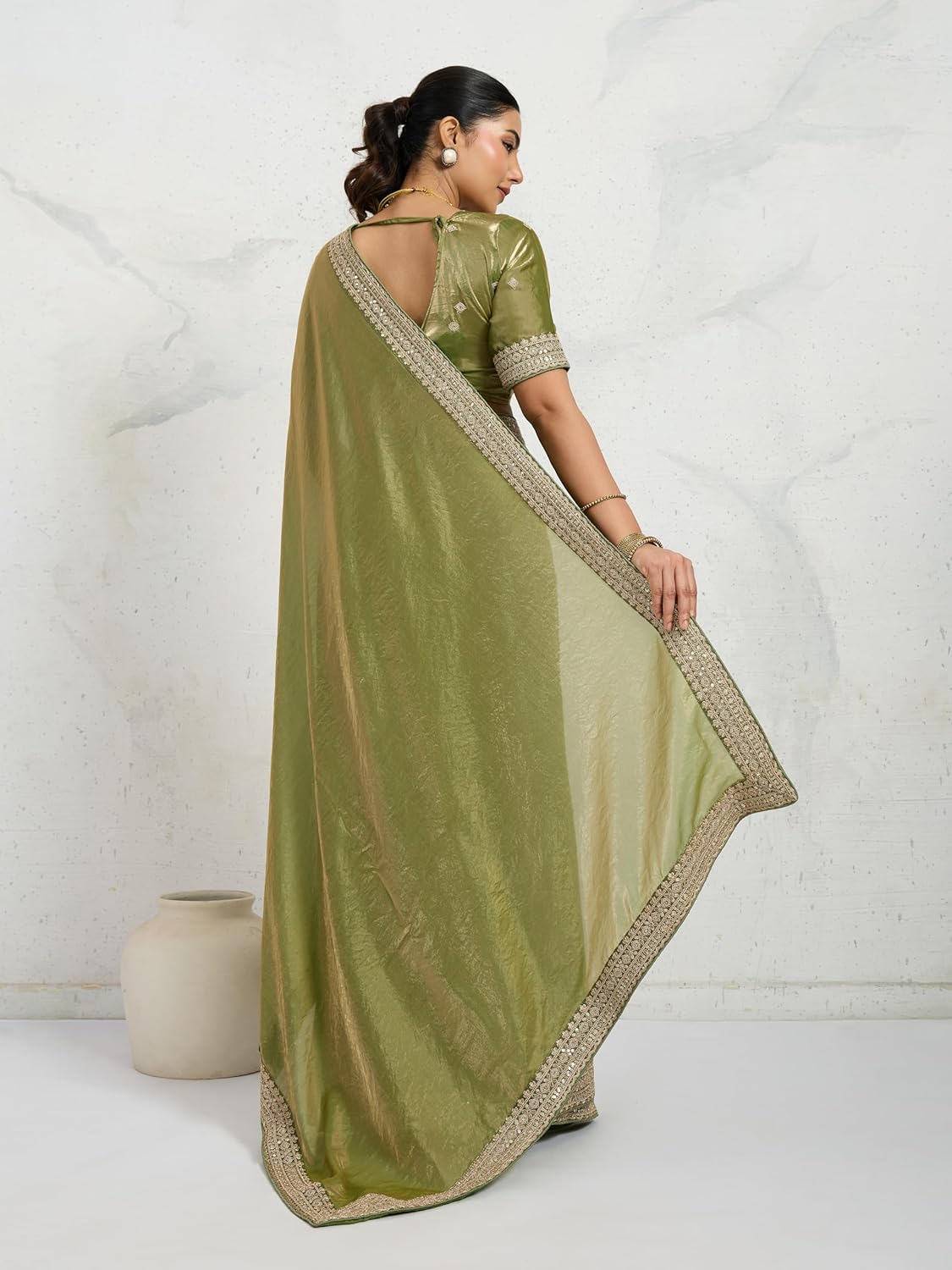 Saree for Women Shimmer Satin Sequins Embroidery Zari Border work Saree for Wedding Style Sari with Blouse Piece