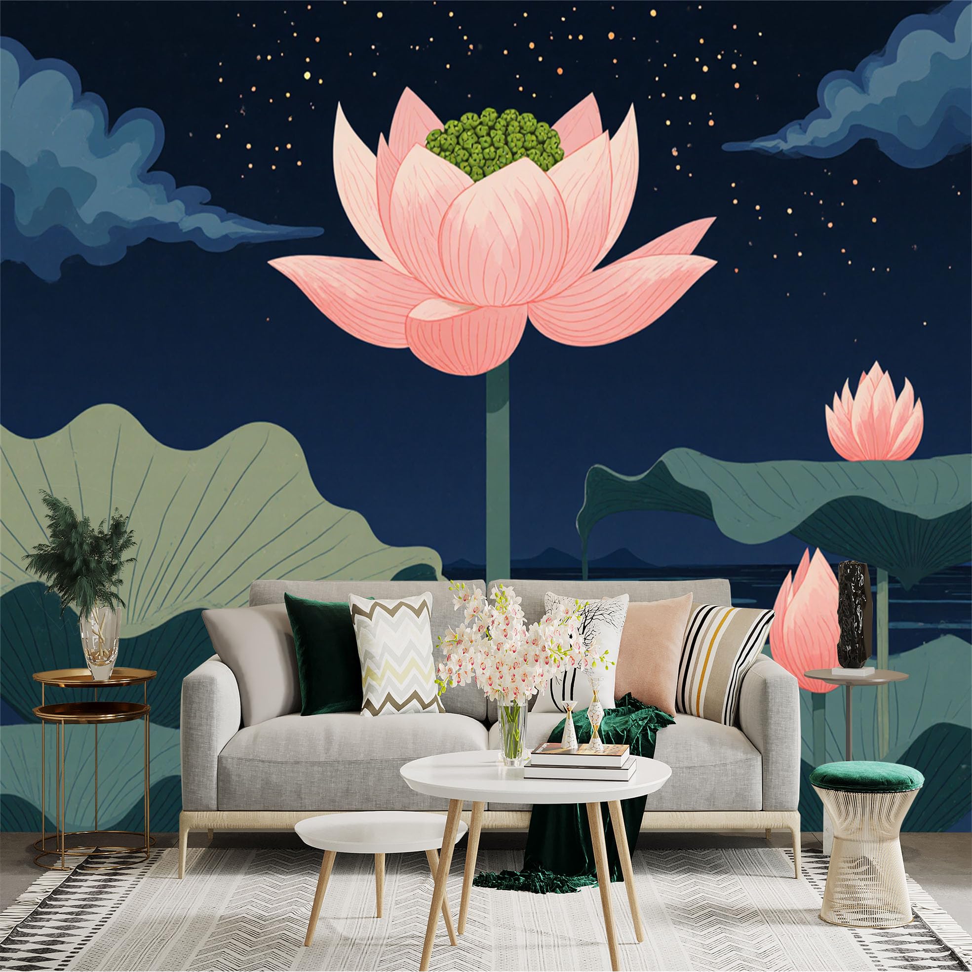 Custom Size Wall Sticker Mural， Pink Lotus Flowers in Moonlight， Serene Pond at Night， Artistic Floral Water Scenery， for wall Decoration， peelandstick wall Decals.