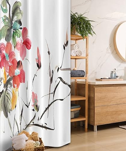 Miniatura 19 de Ambesonne Cortina de ducha hawaiana, diseño de hibisco hawaiano tropical, silueta de niña, tabla de surf, impresión de arte retro, juego de Fucsia
