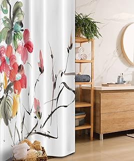 Ambesonne Japanese Stall Shower Curtain, Popular Early Period Watercolors Print with Vivid Floral Motifs Art Picture, Fabric Bathroom Decor Set with Hooks, 36" W x 72" L, Coral Green