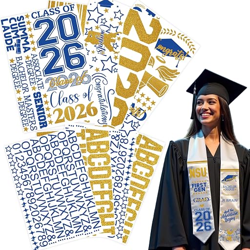 Celepaty Graduation Stole Sash Class of 2026 Decorations DIY Customize Graduation Stole Graduation Sash Personalized Iron-On Decals Heat Transfer Vinyl HTV Cutouts Set, Blue Gold