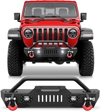 Stubby Front Bumper for Jeep Wrangler JK JL Gladiator JT 2007-2026 | Offroad Stubby Bumper with Winch Plate, Bull Bar & 2x18W Square Lights, 2 x D-Rings