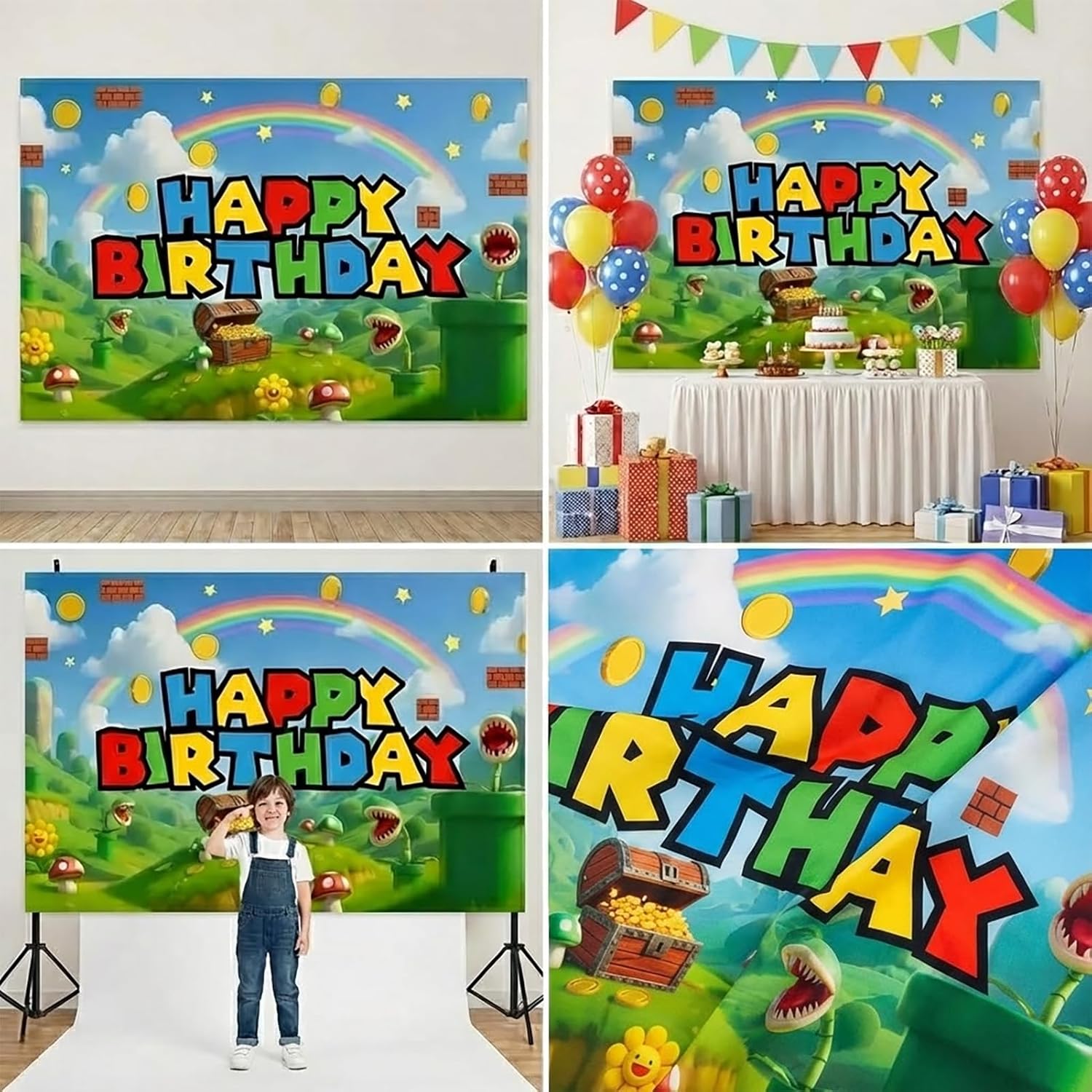 Super Bros Themed Party Decorations with Red Blue Green Yellow Polka dot printed Balloon arch & Cloud Mushroom Star foil Balloons & Banner Backdrop for Cartoon Video Game Celebration Supplies