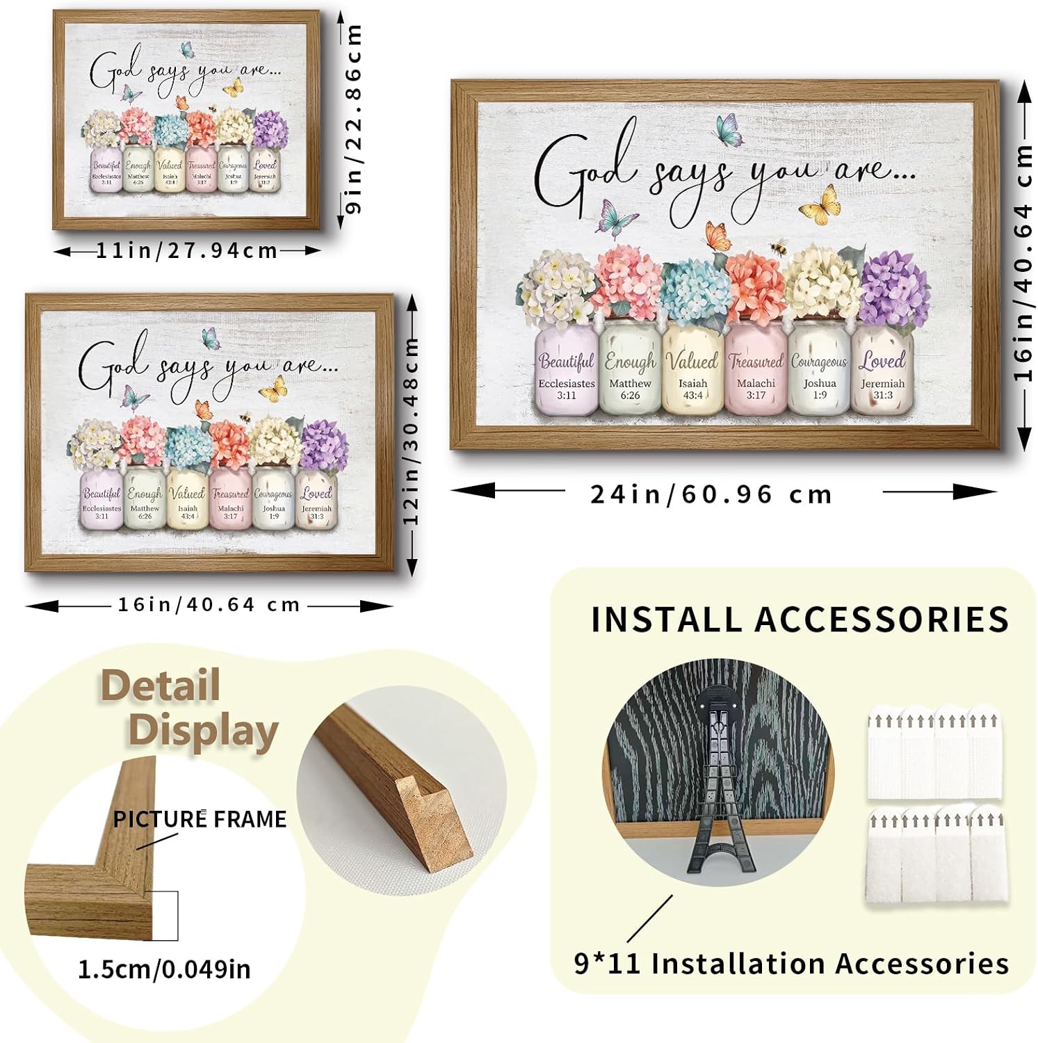 Christian Religious Wall Art, God Says You Are Beautiful Enough Valued Artwork, Colorful Hydrangeas in Mason Jars with Bible Verses Decor, Inspirational Home Decor, Wood Grain Solid Pine Frame,Adhesive Strips Included image 2