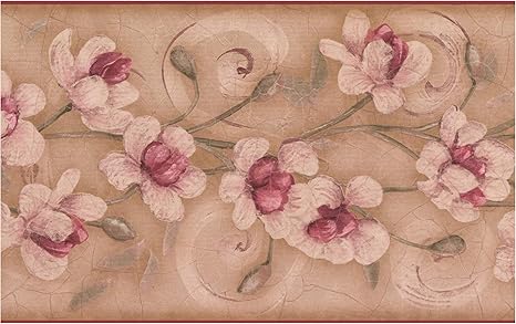 Amazon York Prepasted壁紙ボーダー ピンクの花つるベージュブラウンウォールボーダーレトロなデザインで ロール15フィート X 7で 壁紙
