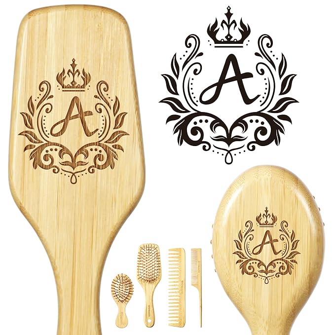 Shineworth Monogram Initial Gifts for Women Engraved Letter A Bamboo Hairbrush Set with Birthday Gifts for Mom Daughter Wife Grandma, Engagement Wedding Gifts for Bridesmaid w/ Monogrammed Name
