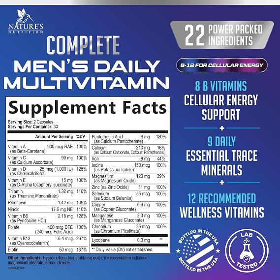 Multivitamin for Men - Once Daily Mens Multivitamins - Comprehensive Multi-Vitamin with Optimal Vitamin Bioavailability - Essential Vitamins A, C, D, E, Zinc Formula - Bottled in USA - 60 Capsules
