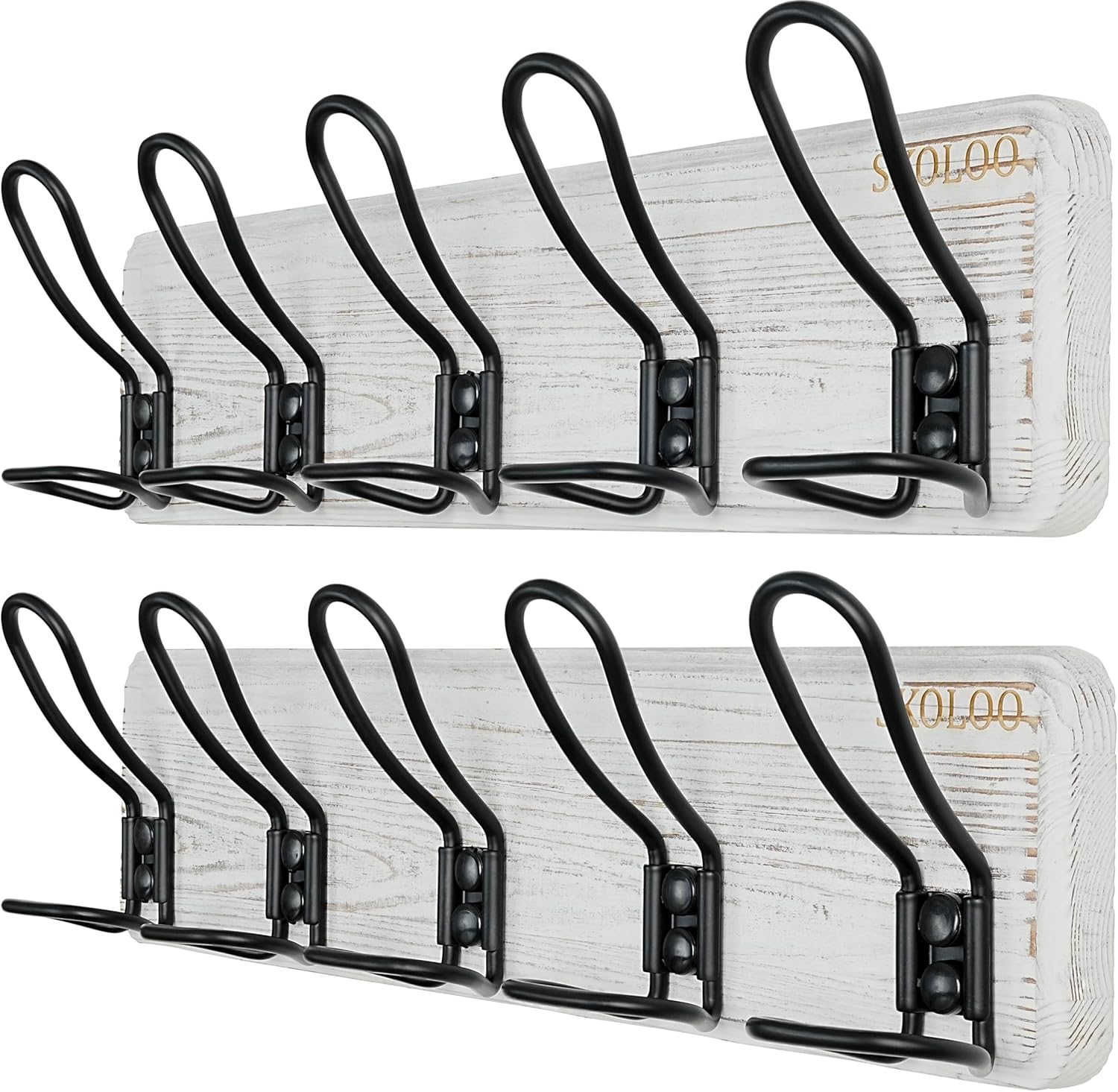 SKOLOO Durable Wall Coat Rack with 5 Double Hooks - Heavy-Duty Iron, No Assembly Required, Ideal for Family Entrances, Mudrooms, Classrooms & Hallways - Scratch/Chip Resistant Finish, Wood Brown