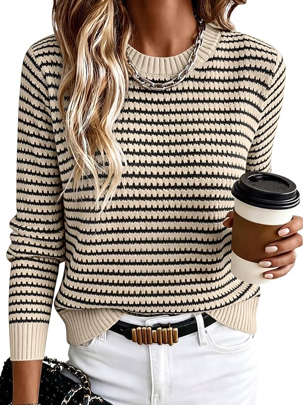 Suéter de mujer de manga larga, a rayas y tejido crochet, para otoño