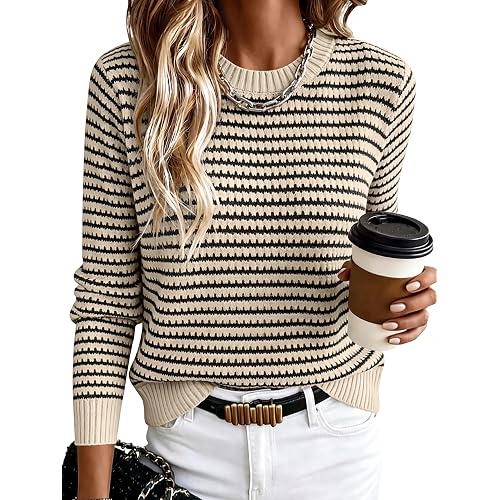 ANRABESS Women Long Sleeve Striped Crochet Sweater Top | Crew Neck Knit Pullover, Comfy Soft Lightweight Clothes, Casual Daily Wear, Travel & Vacation, Fall Spring Trendy Outfits