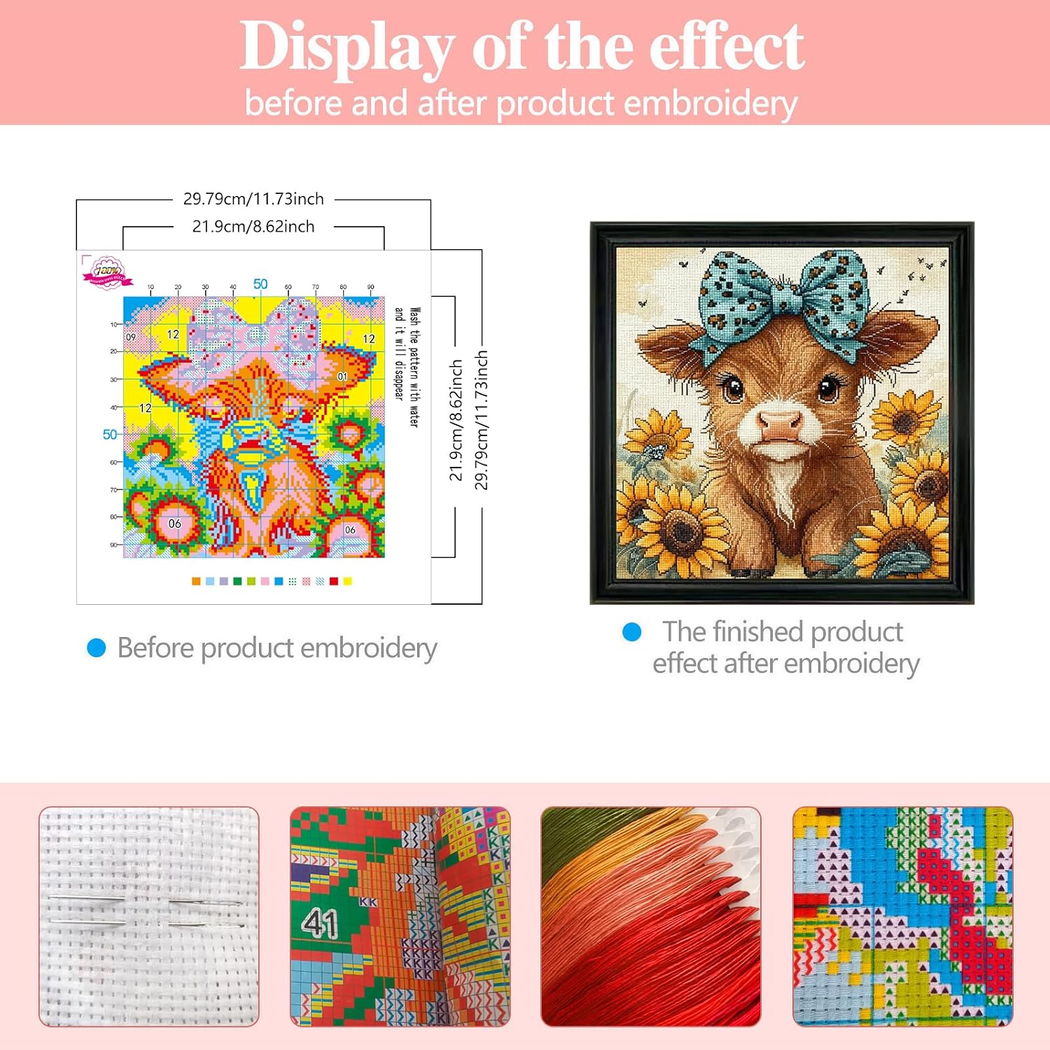 Zhenqing Highland Cow Cross Stitch Kit for Beginners - 11CT Printed 30x30cm Aida Cloth, Threads & Needle Included (No Hoop/Scissors)(69723)