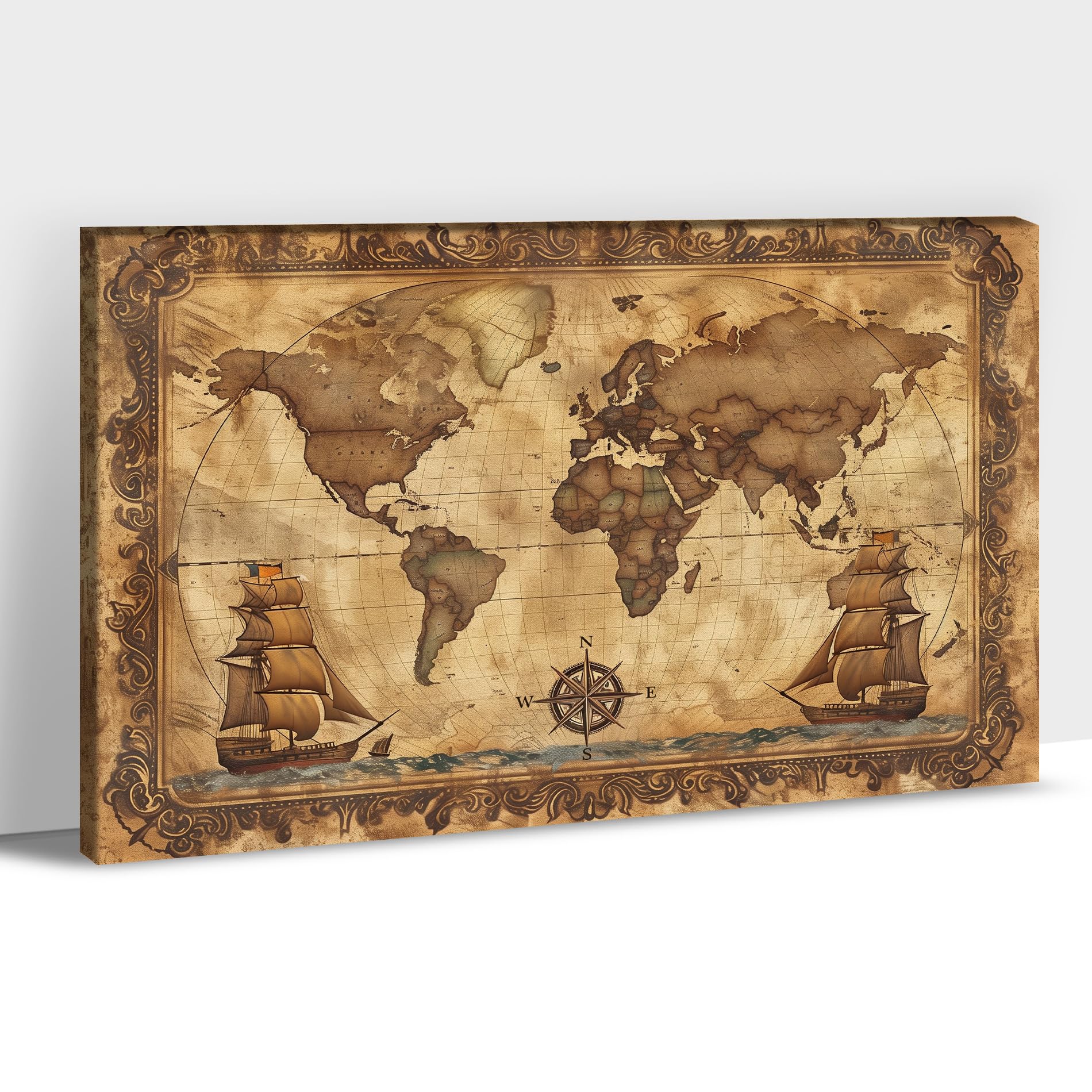 ANRUOXI Vintage World Map Canvas Art, Retro Compass Boat Wall Decor, Office Living Room Decor, 32x48 Inch