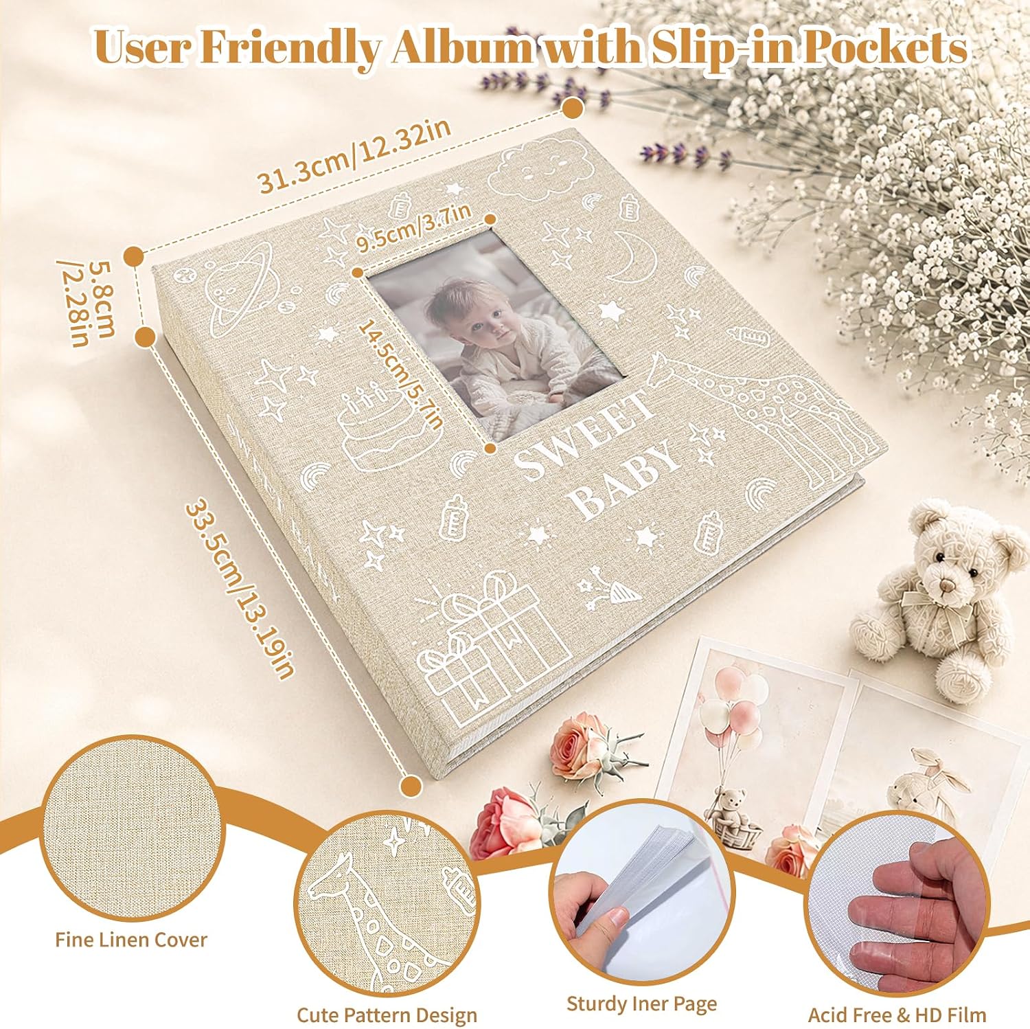 Baby Photo Album 4x6 600 Pockets with Memo Area & Hand and Footprint Kit, Linen Cover Slip-in Memory Book with Front Window, Acid-Free Keepsake for Newborn Boy Girl, First Year Moments