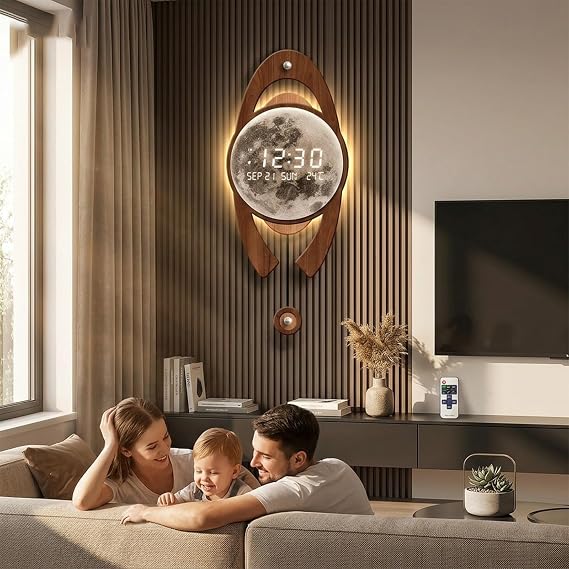 3D Moon Wall Art Decor Clock with LED Digital Display, Modern Silent Decorative Wall Clock, Wabi-Sabi Aesthetic Pendulum Wall Sculpture for Living Room Entrance Office(Black,31 * 72cm)