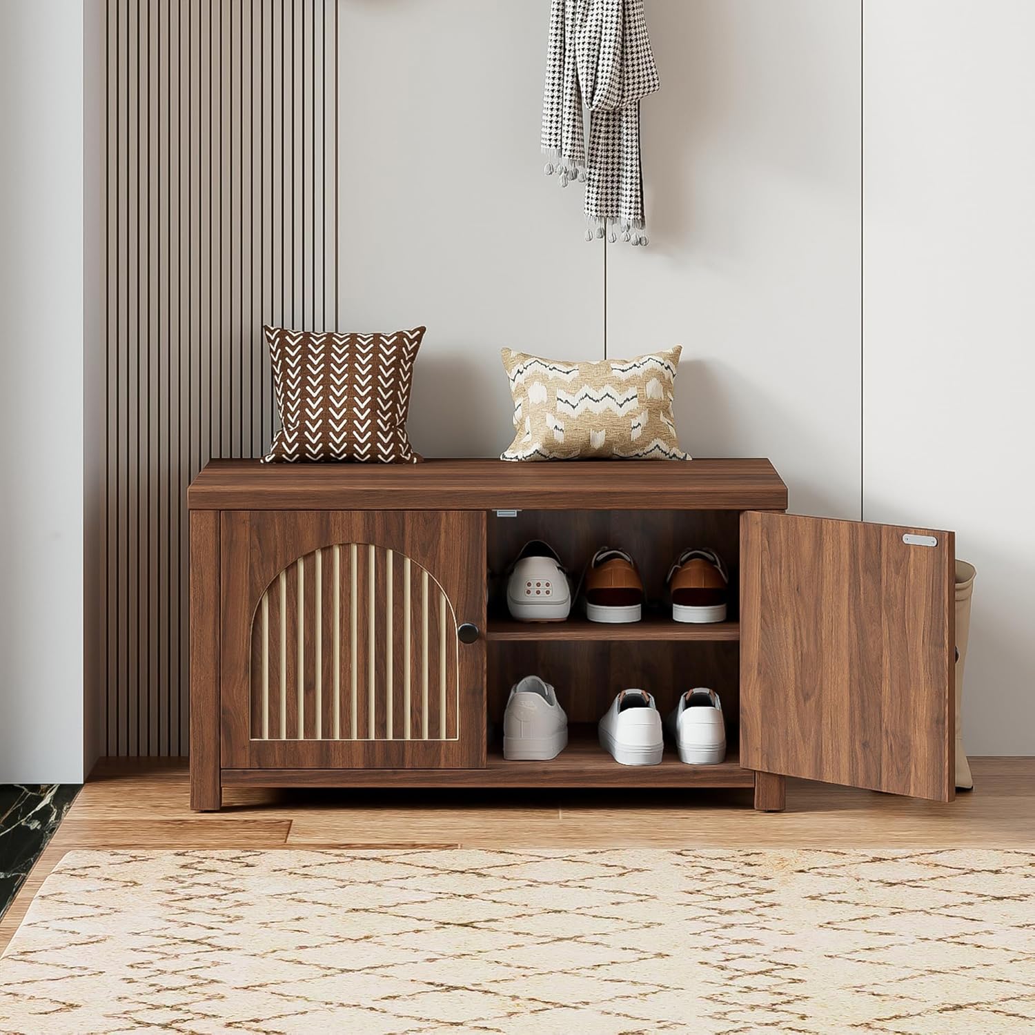 Fluted Storage Bench with Storage, Small Entryway Shoe Bench, Bedroom Storage Bench, Wood Shoe Organizer, Mid Century Modern Cabinet with 2 Doors, Adjustable Shelf, Hallway, Living Room, Walnut