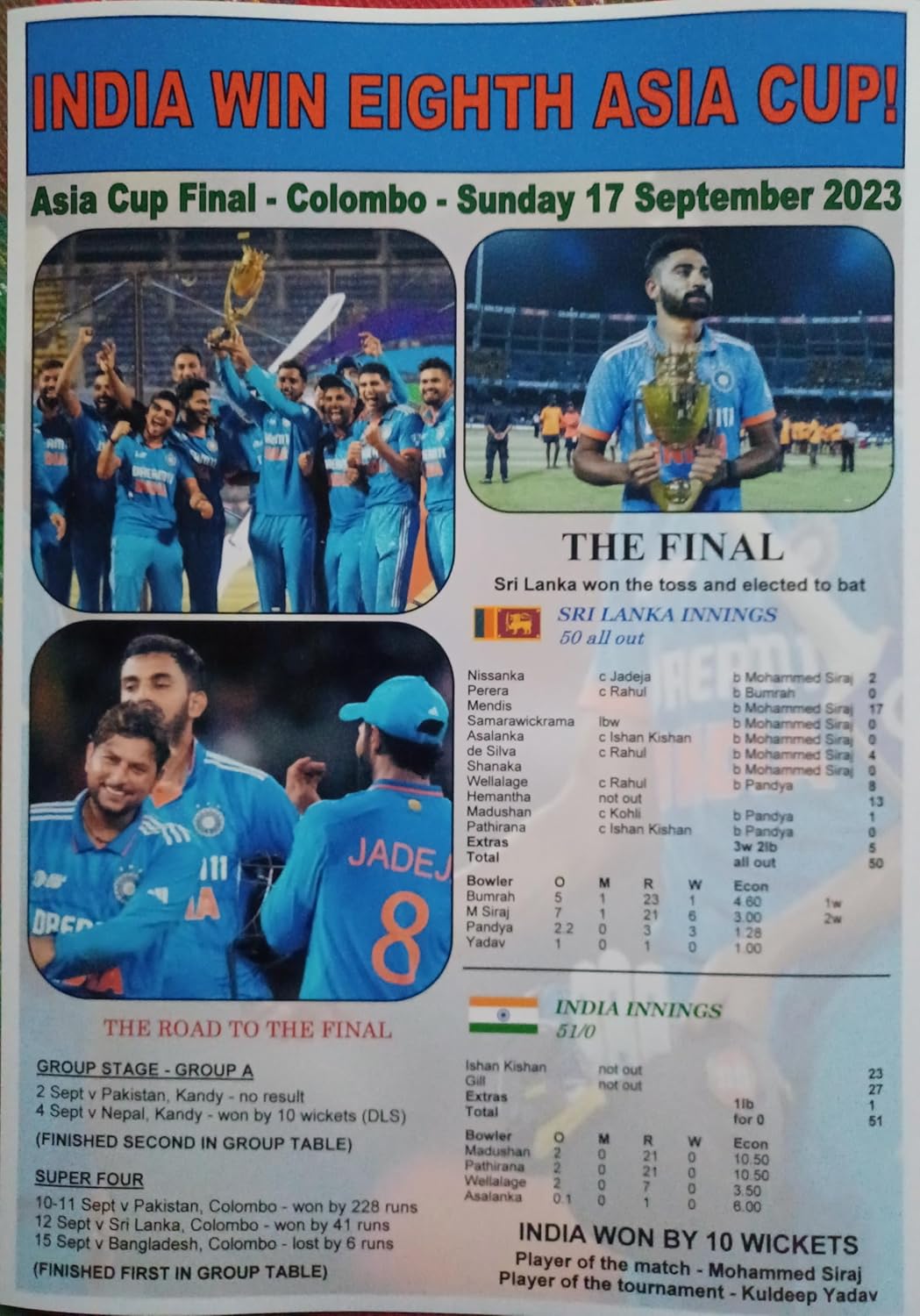 Assorted India Cricket 2023 Asia Cup winners - souvenir print