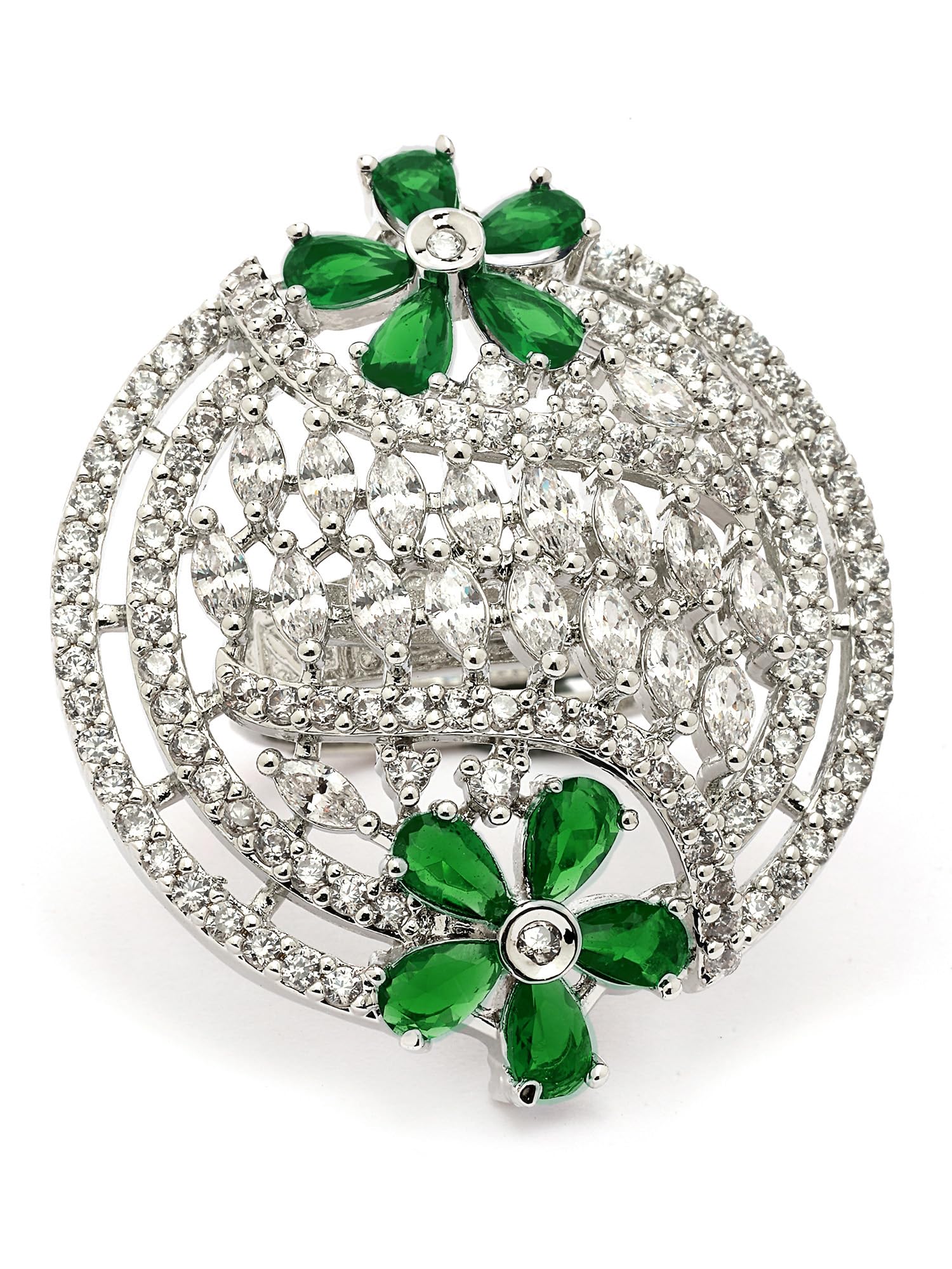 Stylish Green American Diamond Silver-Plated Round Floral Cocktail Rings for Women-image-14