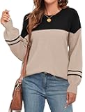 Women's Crew Neck Sweaters Oversized Pullover Sweatshirt Long Sleeve Side Slit Hem Color-Block Trim Fashion Tops 2026