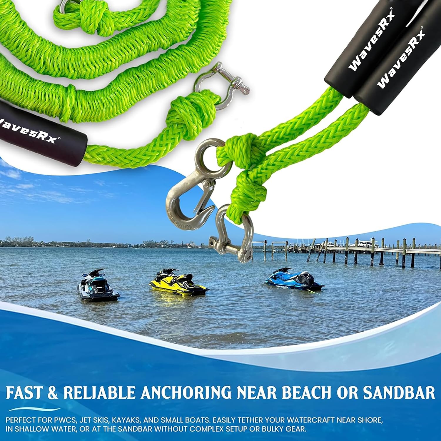 WAVESRX AnchorMate Bungee Line | Boat Bungee Dock Lines for Boats, PWCs & Kayaks | Absorbs Shock from Swells & Wind, Prevents Anchor Dislodging | Perfect for Anchoring, Mooring & Tethering