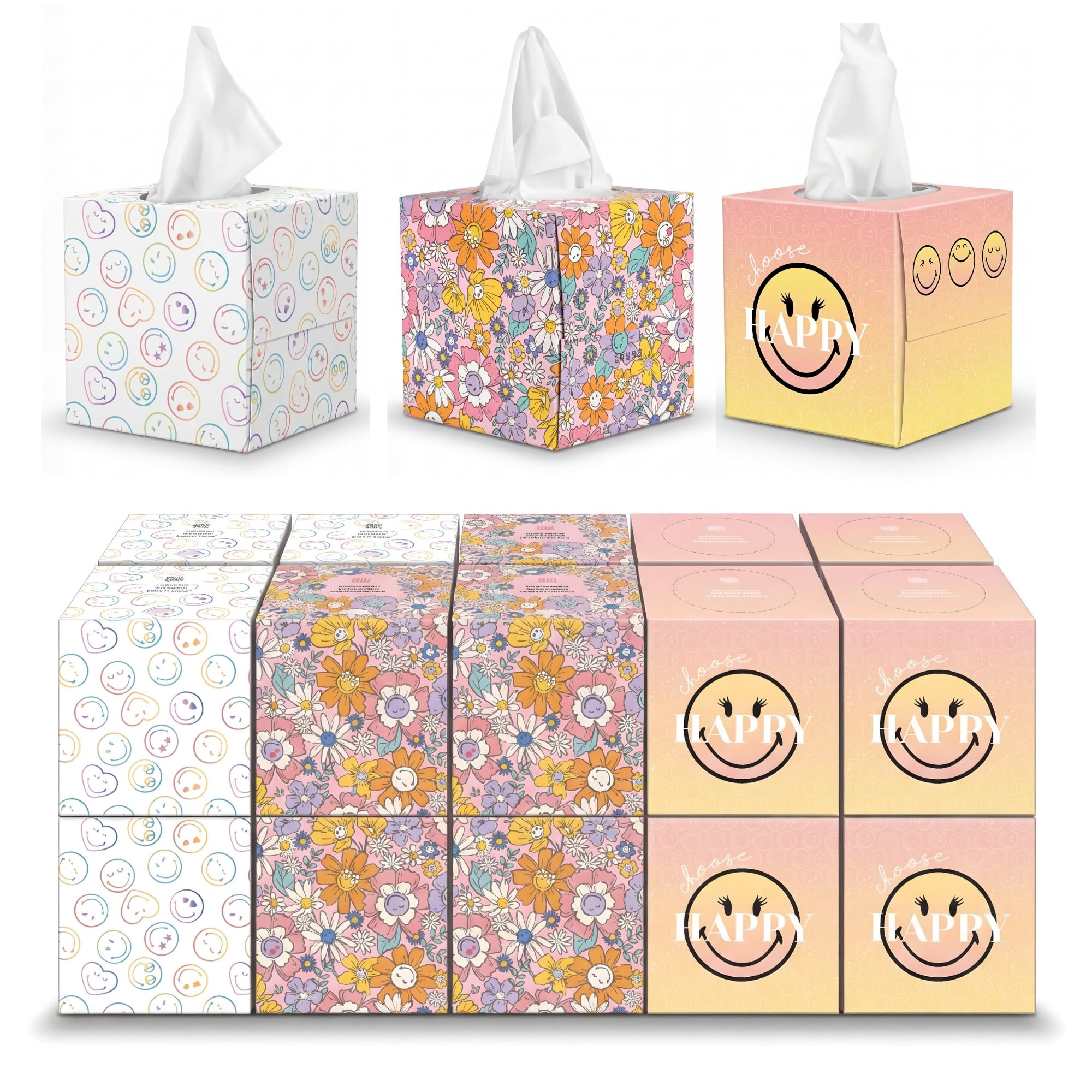 SMILEYWORLD - Lote de 20 cajas de pañuelos de papel faciales ultra suaves – 960 pañuelos – 3 capas – cajas de pañuelos diseño cubo (diseños diferentes) – 48 hojas por caja (JOY EDITION)