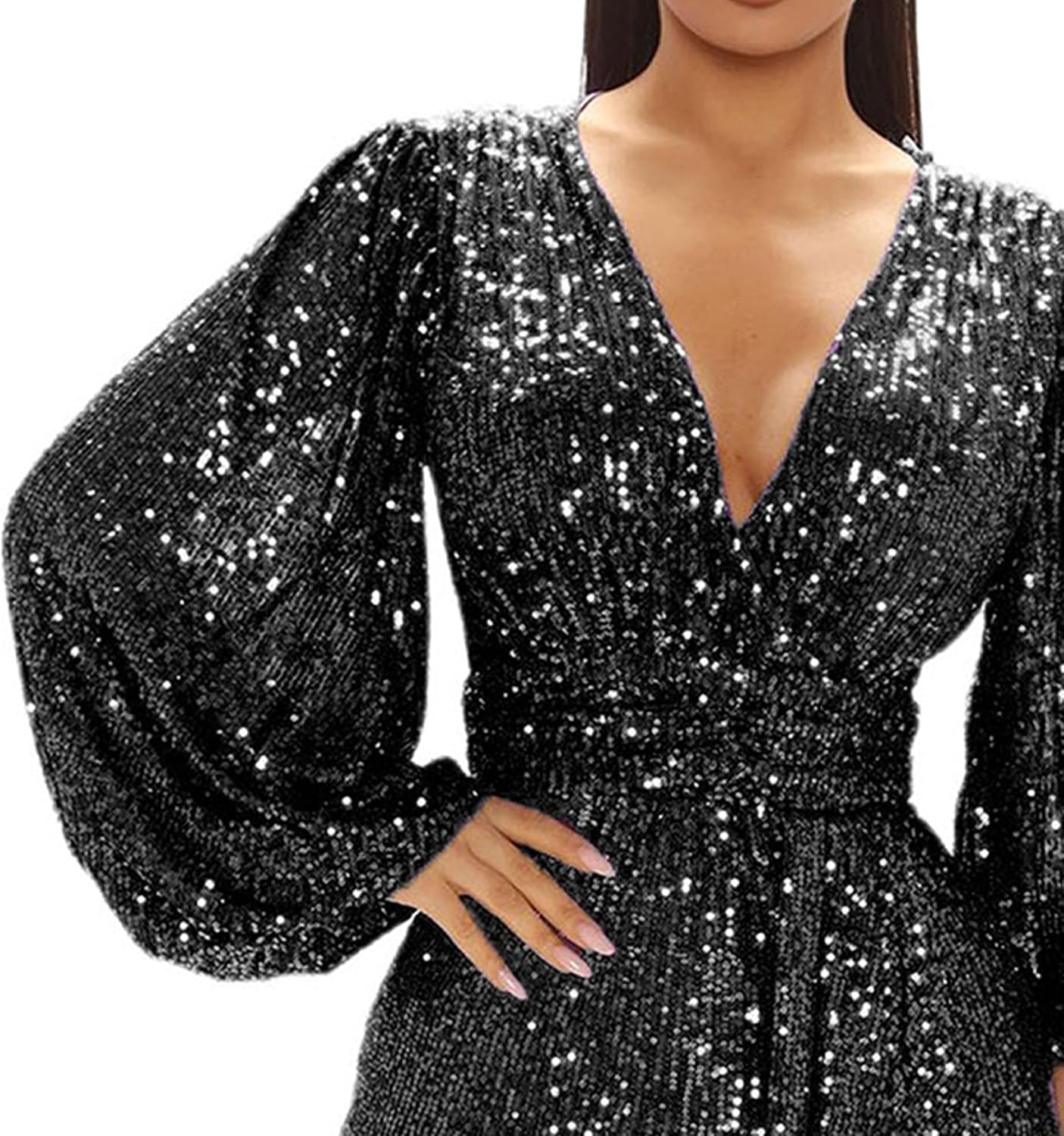Women Sexy Sparkly Dress Long Sleeve Deep V Neck Sequin Bodycon Casual Elegant Club Party Midi Pencil Dresses