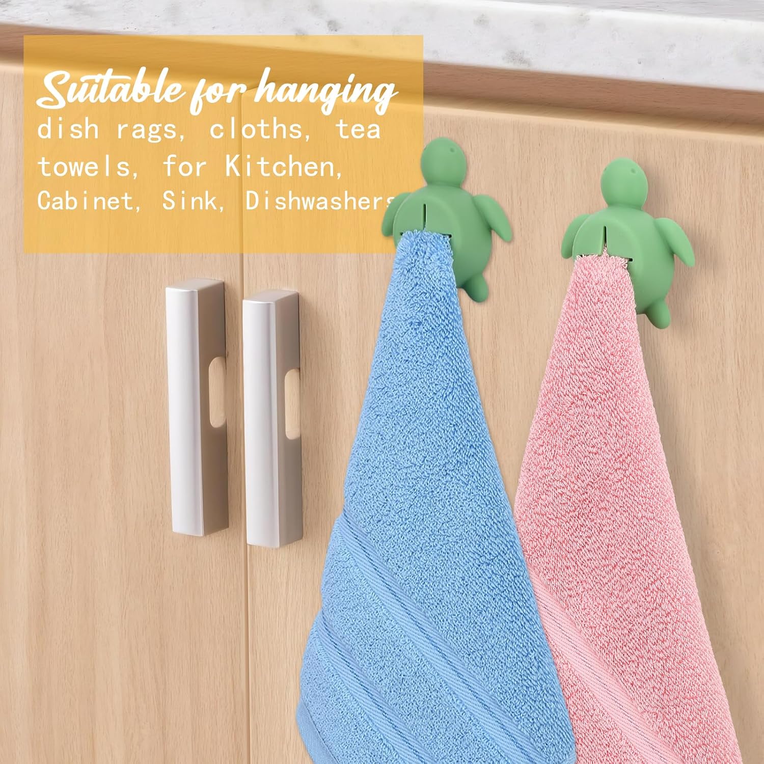 akeke 2Pcs Funny Sea Turtle Silicone Towel Hanging Hooks for Bathrooms, Shower, Kitchens, Garages, RV, Camper, Cabinet, Sink, Dishwasher, Holder for Tea or Dishwashing Towel, Washcloths, Loofah A2B