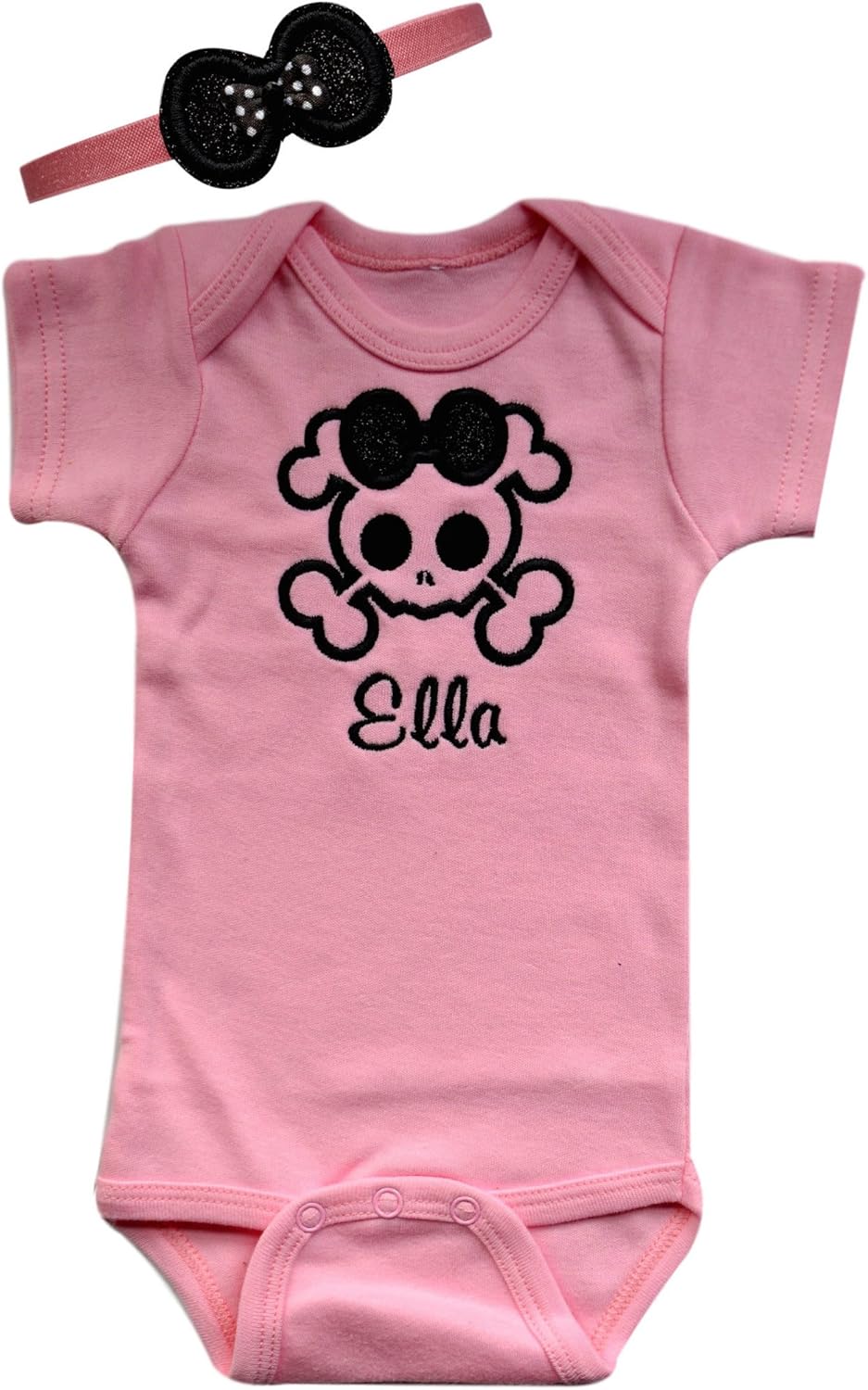 Baby Girl Embroidered GLITTER SKULL Bodysuit and MATCHING Bow HEADBAND - Your Custom Name