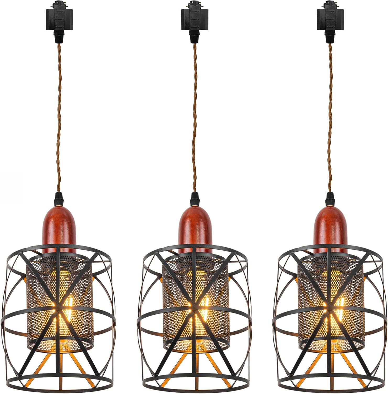 H-Type Track Lighting Pendant Restaurant Retro Vintage Stytle Double Lampshades Track Lights Wood Socket, Halo Track Mounted Customizable for Kitchen Island Dining Table, 3 Lights TB3121