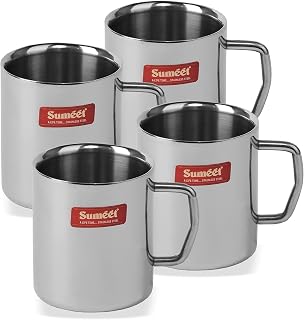 Sumeet Stainless Steel Double Wall Tea and Coffee Medium Mug set of 4Pcs (210 Ml Each) Price In India