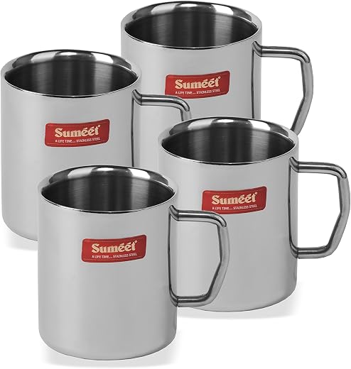 Sumeet Stainless Steel Double Wall Tea and Coffee Medium Mug set of 4Pcs (210 Ml Each)